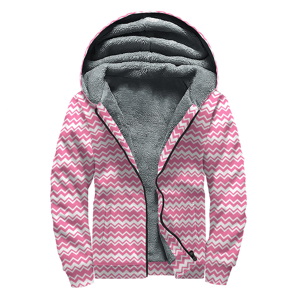 Pink and White Zigzag Pattern Sherpa Lined Zip Up Hoodie for Carefree Hippies - 1