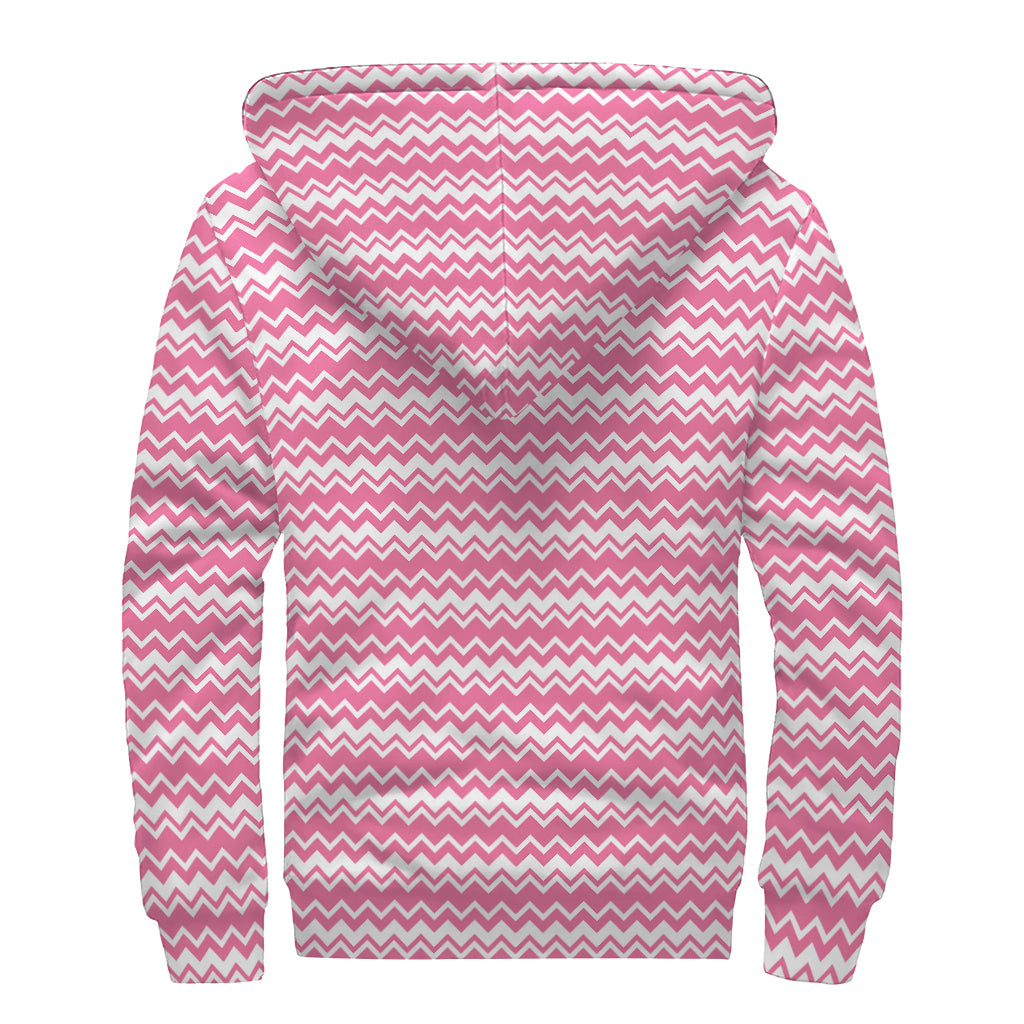 Pink and White Zigzag Pattern Sherpa Lined Zip Up Hoodie for Carefree Hippies - 2