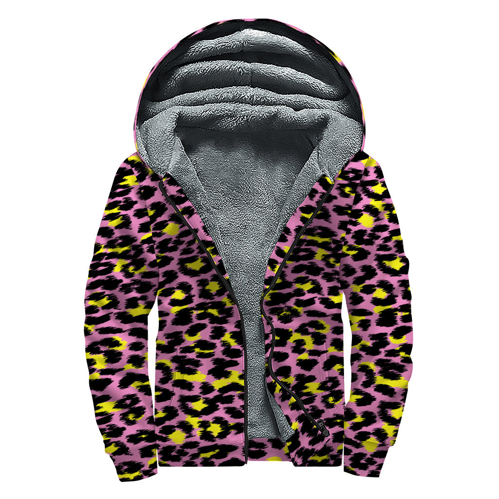 Pink and Yellow Leopard Print Sherpa Lined Hippie Style Zip Up Hoodie - 1