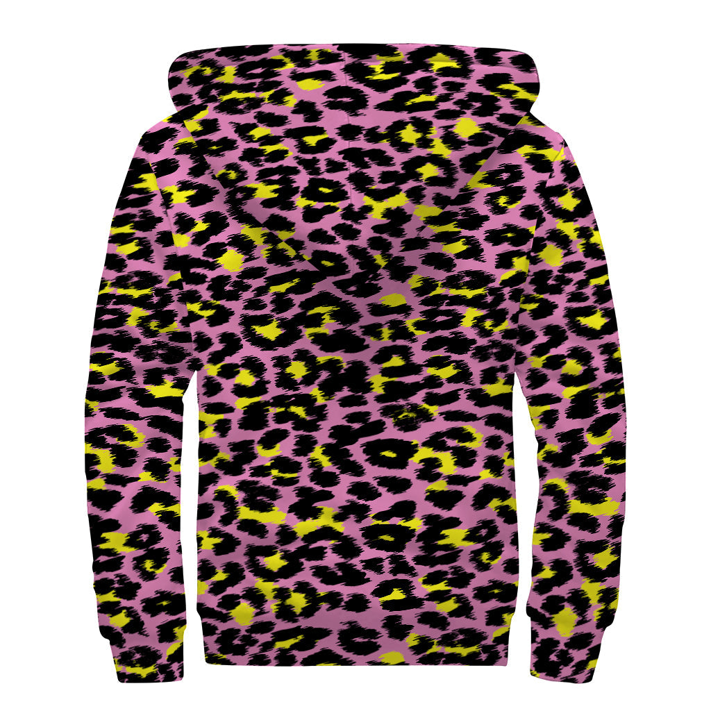 Pink and Yellow Leopard Print Sherpa Lined Hippie Style Zip Up Hoodie - 2