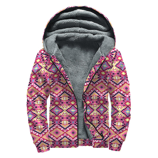 Pretty in Pink: Aztec Geometric Pattern Sherpa Lined Hoodie for Boho Babes - 1