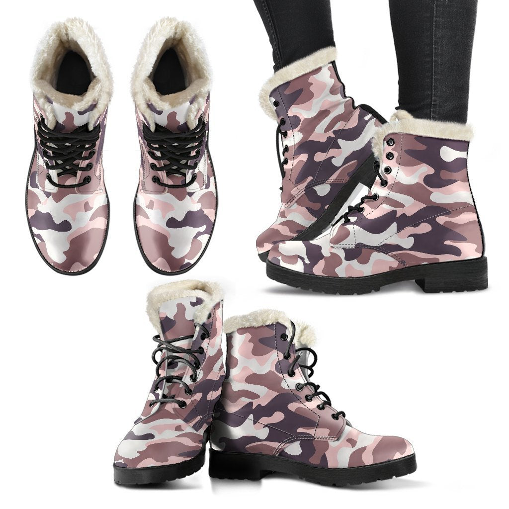 Pink and Brown Camouflage Print Faux Fur Leather Boots: Step Out in Hippie Style! - 2