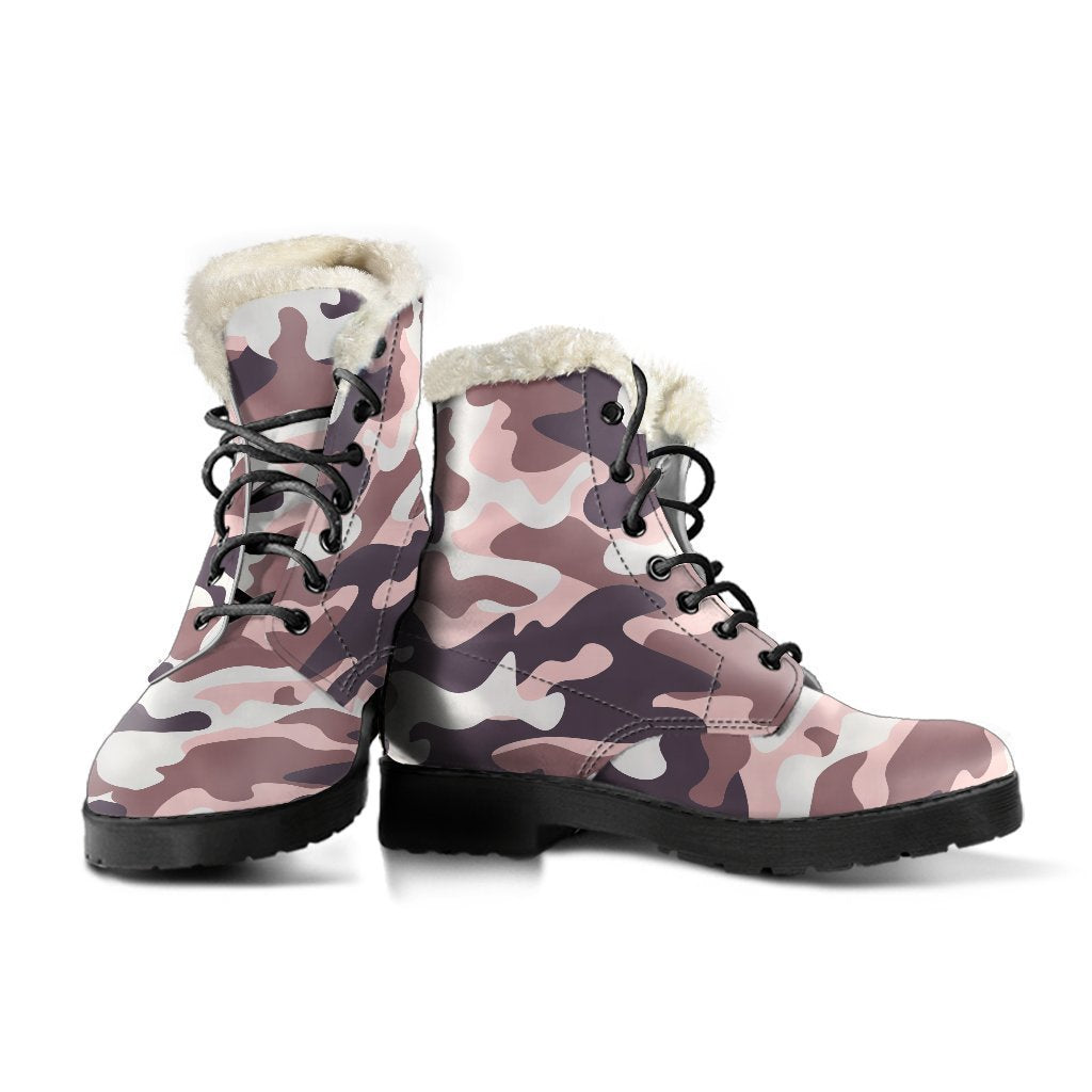 Pink and Brown Camouflage Print Faux Fur Leather Boots: Step Out in Hippie Style! - 3