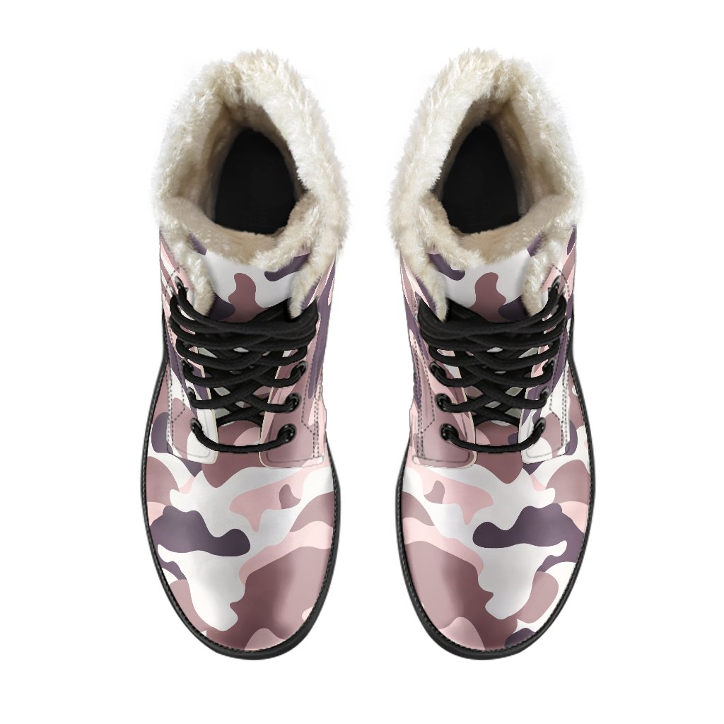 Pink and Brown Camouflage Print Faux Fur Leather Boots: Step Out in Hippie Style! - 4