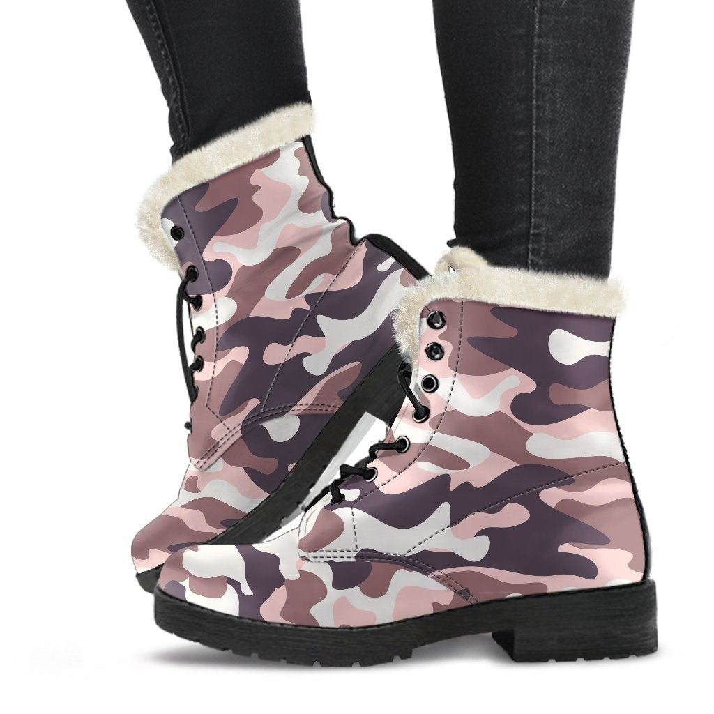 Pink and Brown Camouflage Print Faux Fur Leather Boots: Step Out in Hippie Style! - 1