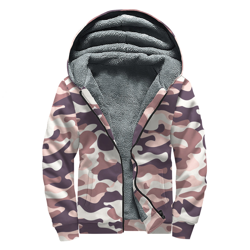 Bohemian Bliss: Pink Brown Camouflage Print Sherpa Lined Zip Up Hoodie - 1