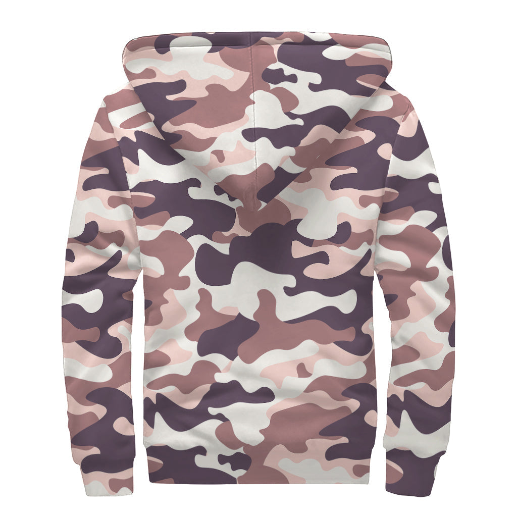 Bohemian Bliss: Pink Brown Camouflage Print Sherpa Lined Zip Up Hoodie - 2