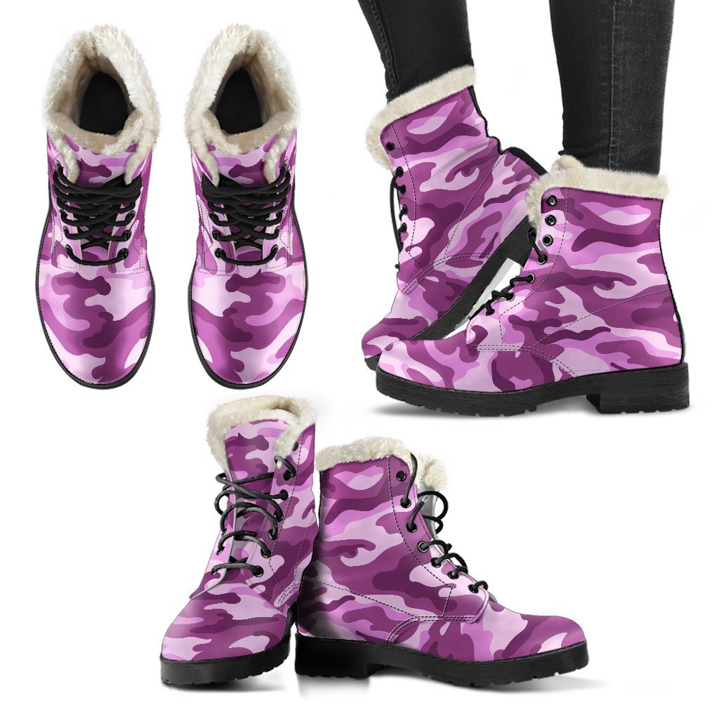 Boho Chic: Pink Camouflage Faux Fur Leather Boots for the Free-Spirited Hippie - 2