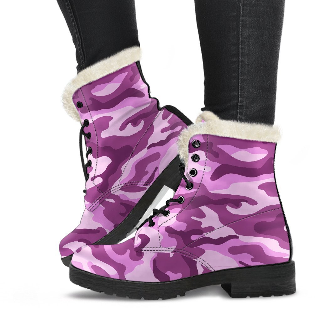 Boho Chic: Pink Camouflage Faux Fur Leather Boots for the Free-Spirited Hippie - 1