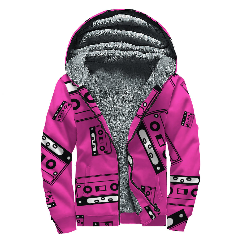 Groovy in Pink: Cassette Tape Pattern Sherpa Lined Zip Up Hoodie for Modern Hippies - 1