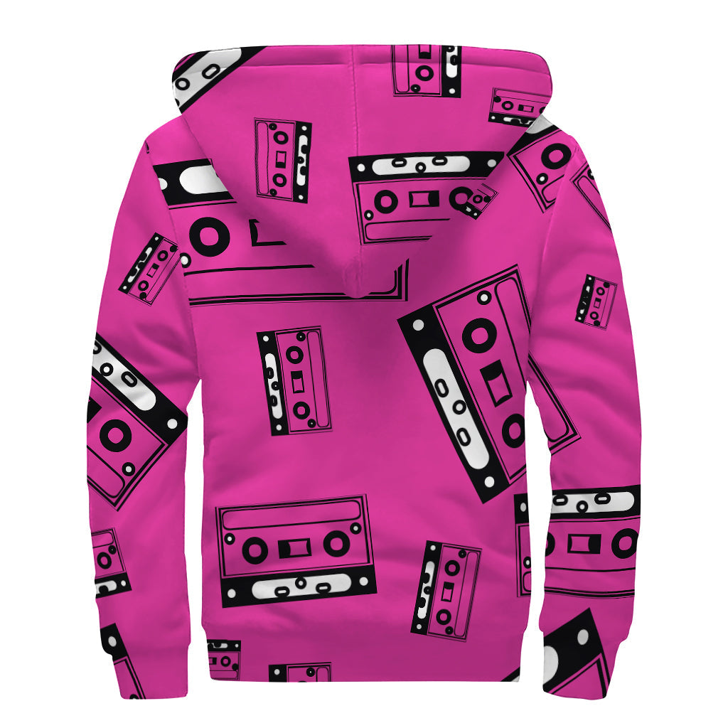 Groovy in Pink: Cassette Tape Pattern Sherpa Lined Zip Up Hoodie for Modern Hippies - 2