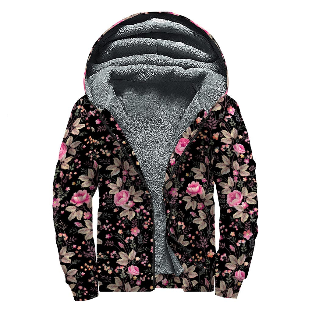 Pink Floral Flower Power Sherpa Lined Zip Up Hoodie for Groovy Hippies - 1