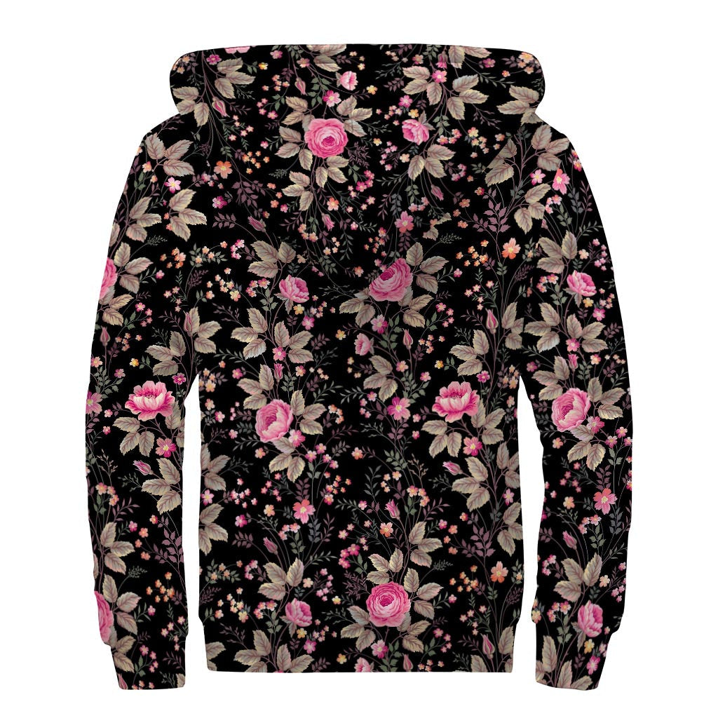 Pink Floral Flower Power Sherpa Lined Zip Up Hoodie for Groovy Hippies - 2