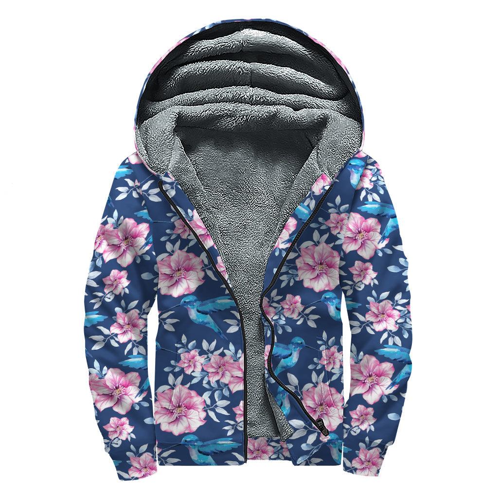 Vintage Vibes: Pink Flowers and Hummingbird Print Sherpa Lined Zip Up Hoodie - 1