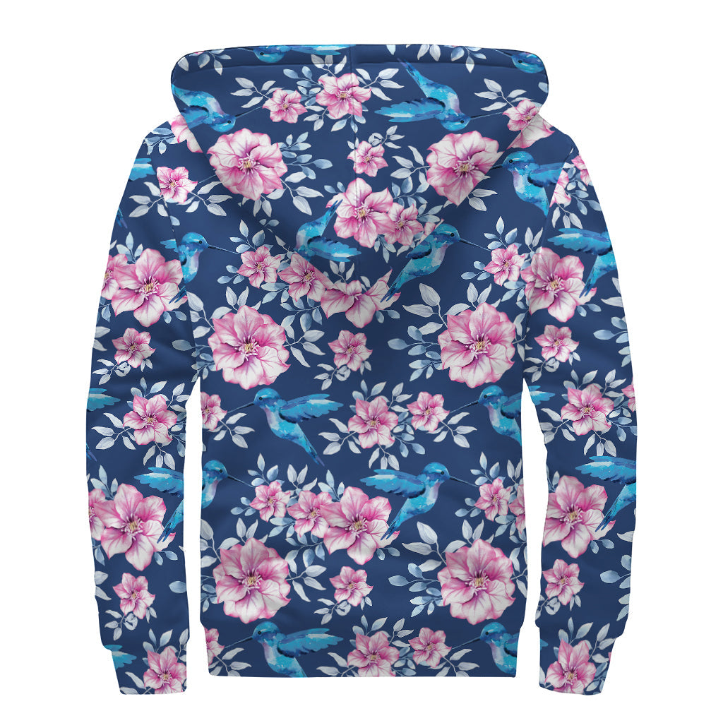 Vintage Vibes: Pink Flowers and Hummingbird Print Sherpa Lined Zip Up Hoodie - 2