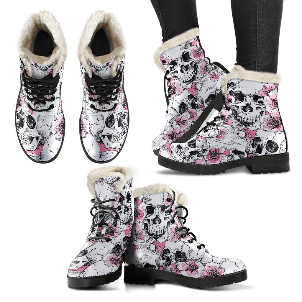 Groovy Galore: Pink Flowers & Skull Pattern Faux Fur Leather Boots - 2