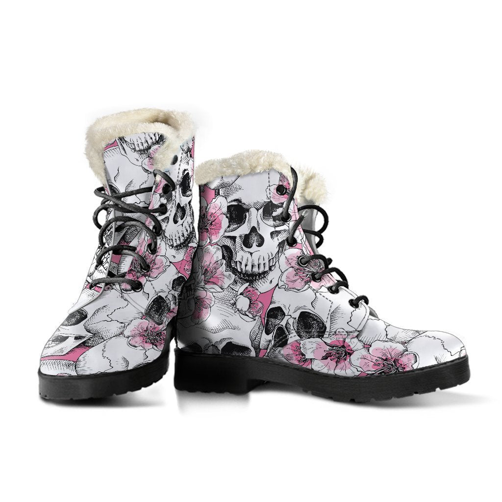 Groovy Galore: Pink Flowers & Skull Pattern Faux Fur Leather Boots - 3