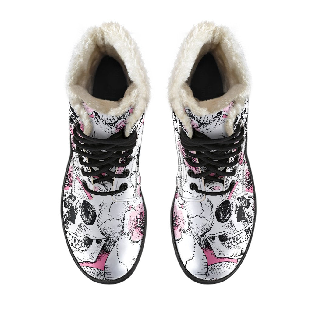 Groovy Galore: Pink Flowers & Skull Pattern Faux Fur Leather Boots - 4