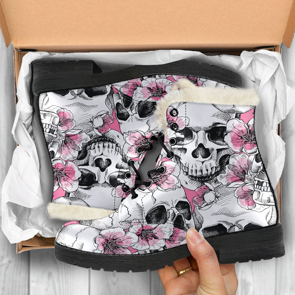 Groovy Galore: Pink Flowers & Skull Pattern Faux Fur Leather Boots - 5