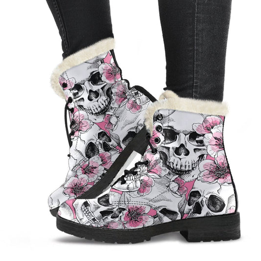 Groovy Galore: Pink Flowers & Skull Pattern Faux Fur Leather Boots - 1