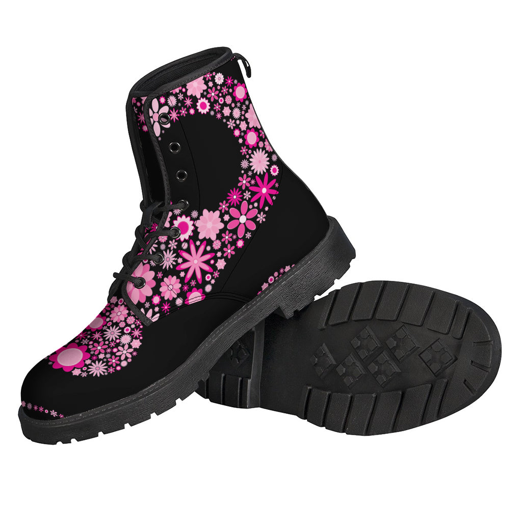 Groovy Vibes: Pink Flowers Yin Yang Leather Boots for the Free-Spirited Hippie - 2