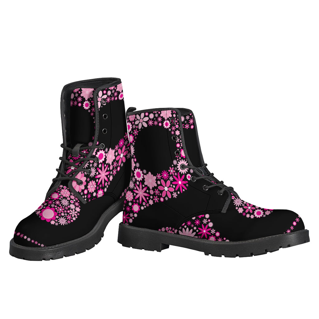 Groovy Vibes: Pink Flowers Yin Yang Leather Boots for the Free-Spirited Hippie - 3