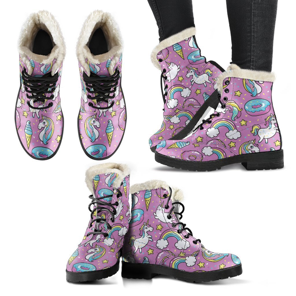 Pink Girly Unicorn Donut Pattern Faux Fur Leather Hippie Boots - 2