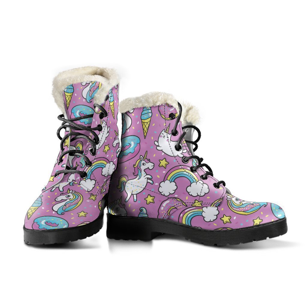 Pink Girly Unicorn Donut Pattern Faux Fur Leather Hippie Boots - 3