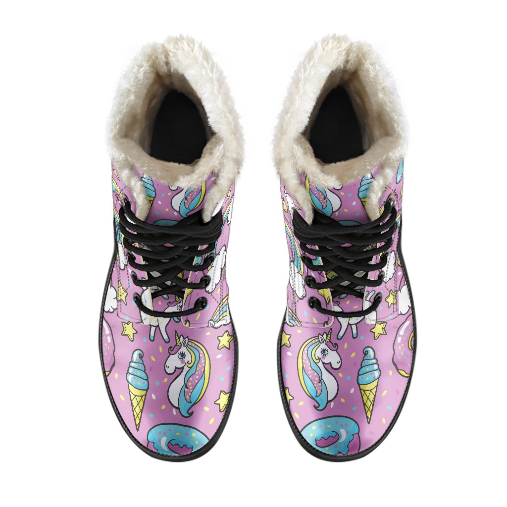 Pink Girly Unicorn Donut Pattern Faux Fur Leather Hippie Boots - 4