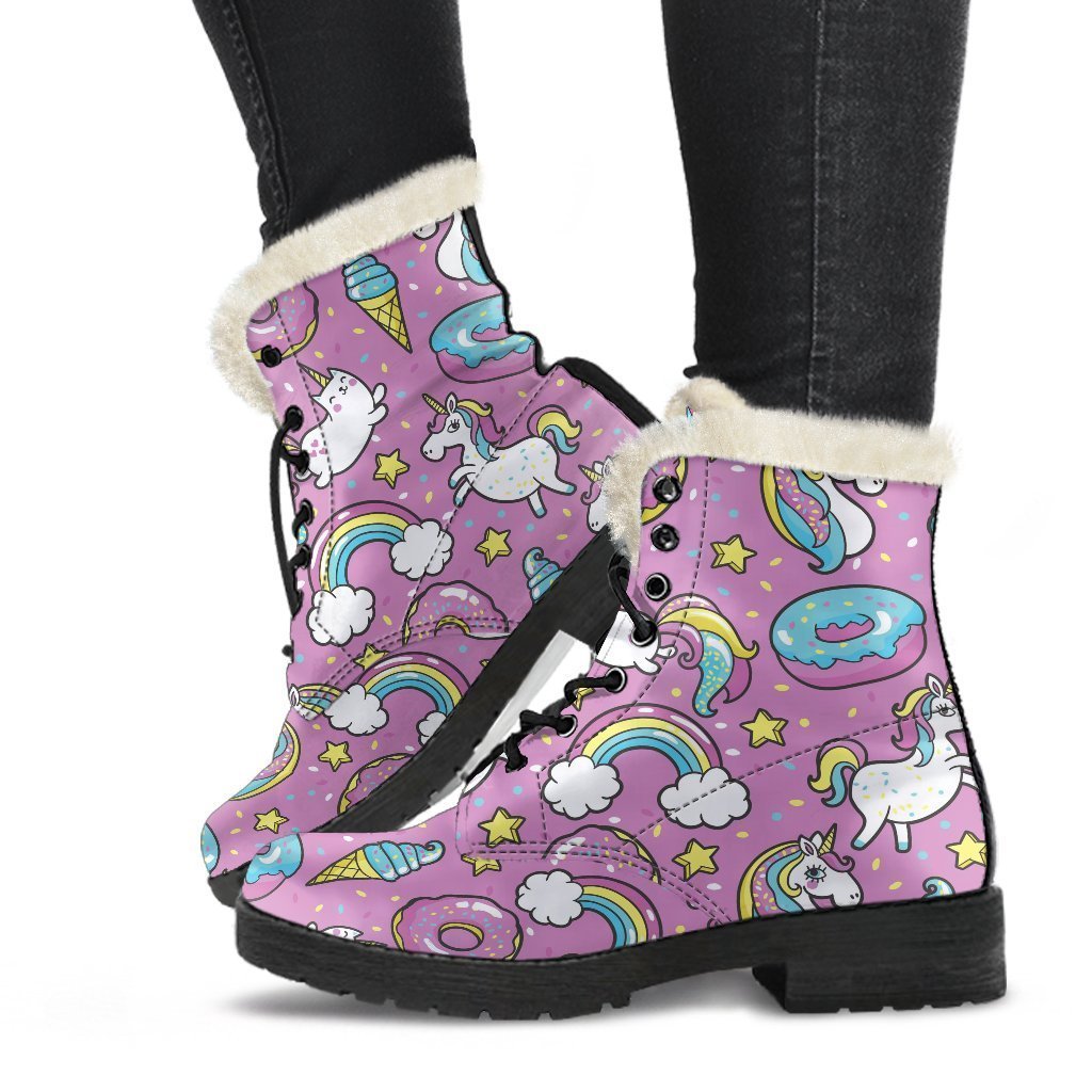 Pink Girly Unicorn Donut Pattern Faux Fur Leather Hippie Boots - 1