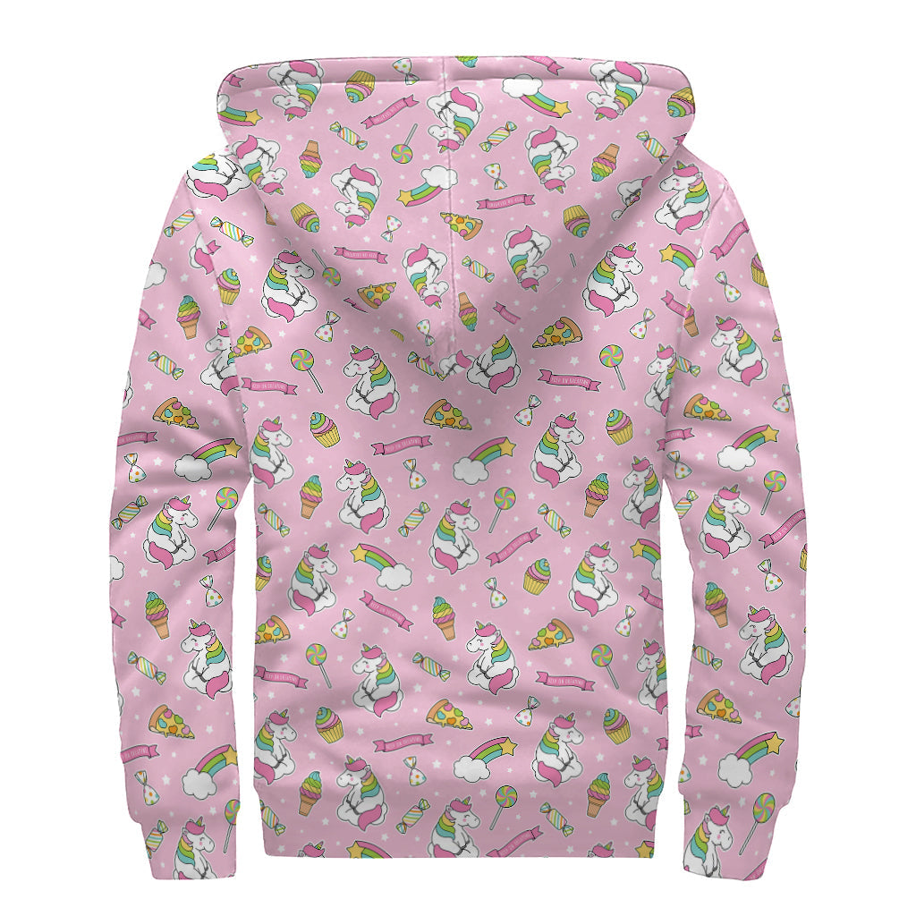 Pink Girly Unicorn Pattern Sherpa Lined Zip Up Hoodie: Groovy Hippie Style - 2