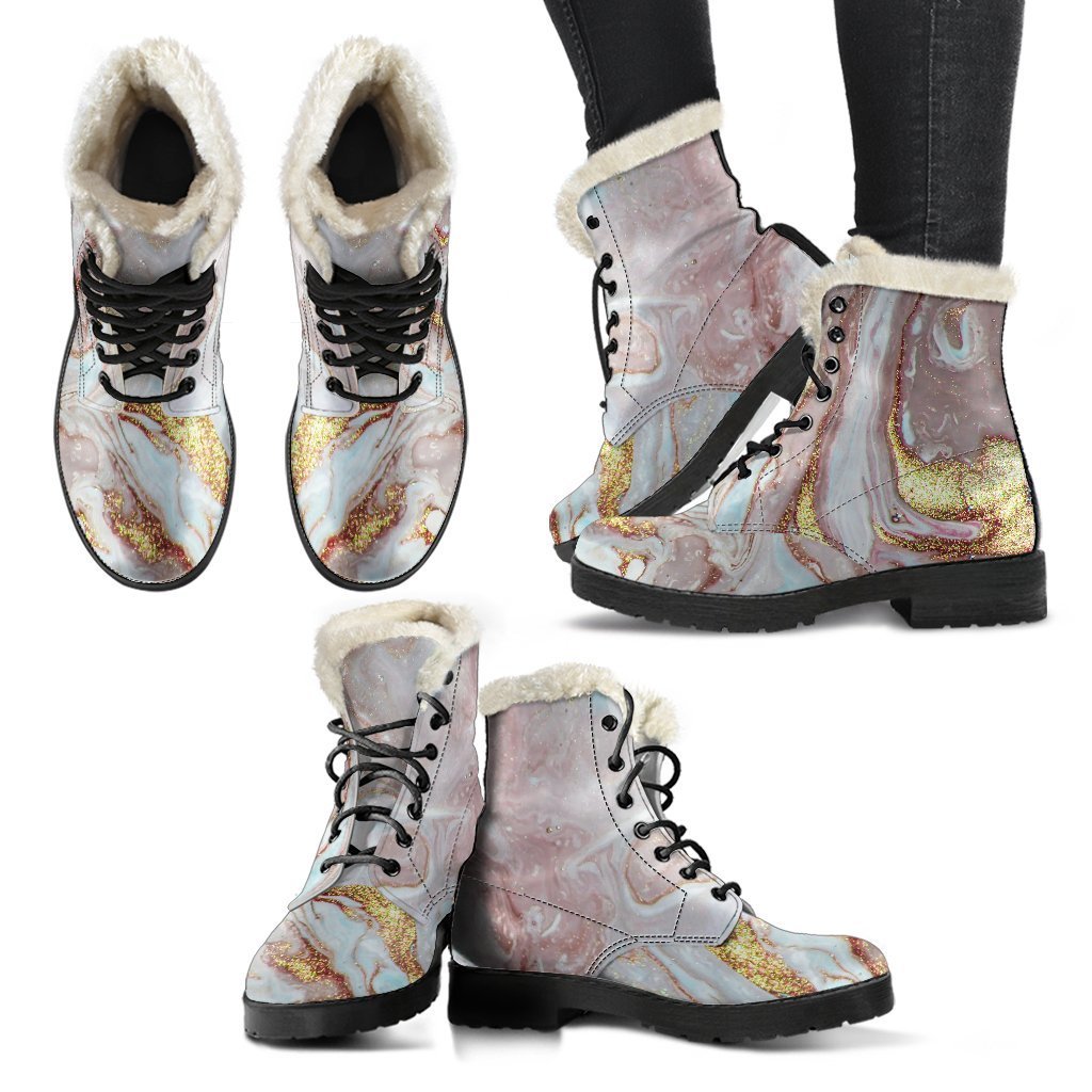 Groovy Pink and Gold Liquid Marble Print Faux Fur Leather Boots for Modern Hippies - 2