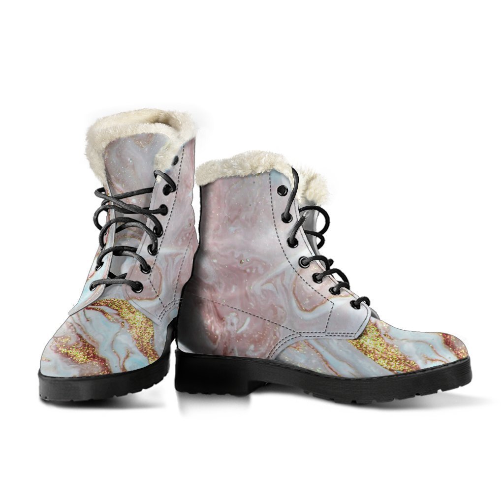 Groovy Pink and Gold Liquid Marble Print Faux Fur Leather Boots for Modern Hippies - 3