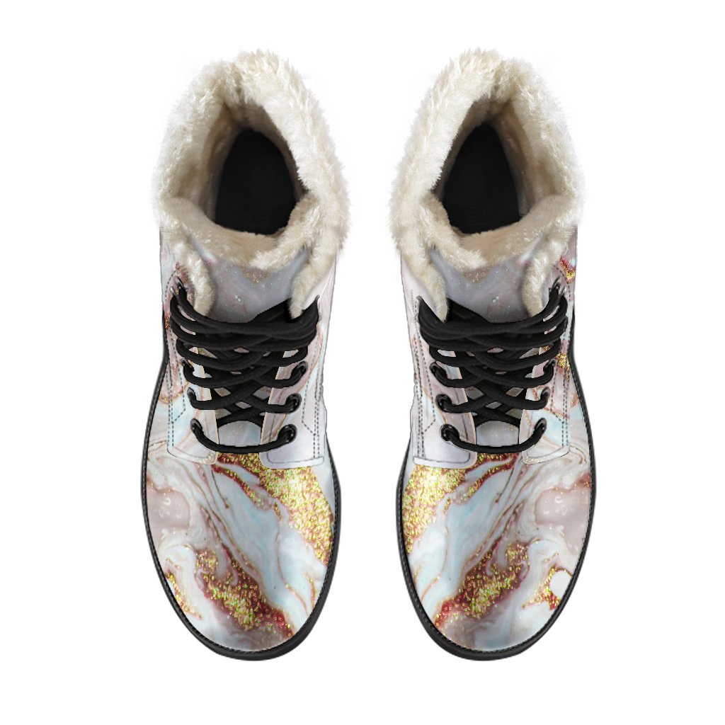 Groovy Pink and Gold Liquid Marble Print Faux Fur Leather Boots for Modern Hippies - 4