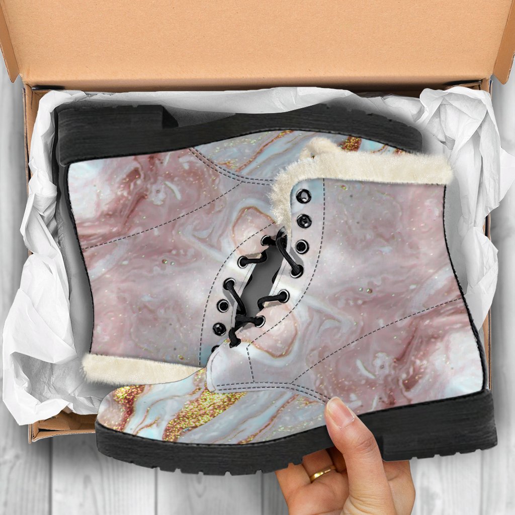 Groovy Pink and Gold Liquid Marble Print Faux Fur Leather Boots for Modern Hippies - 5