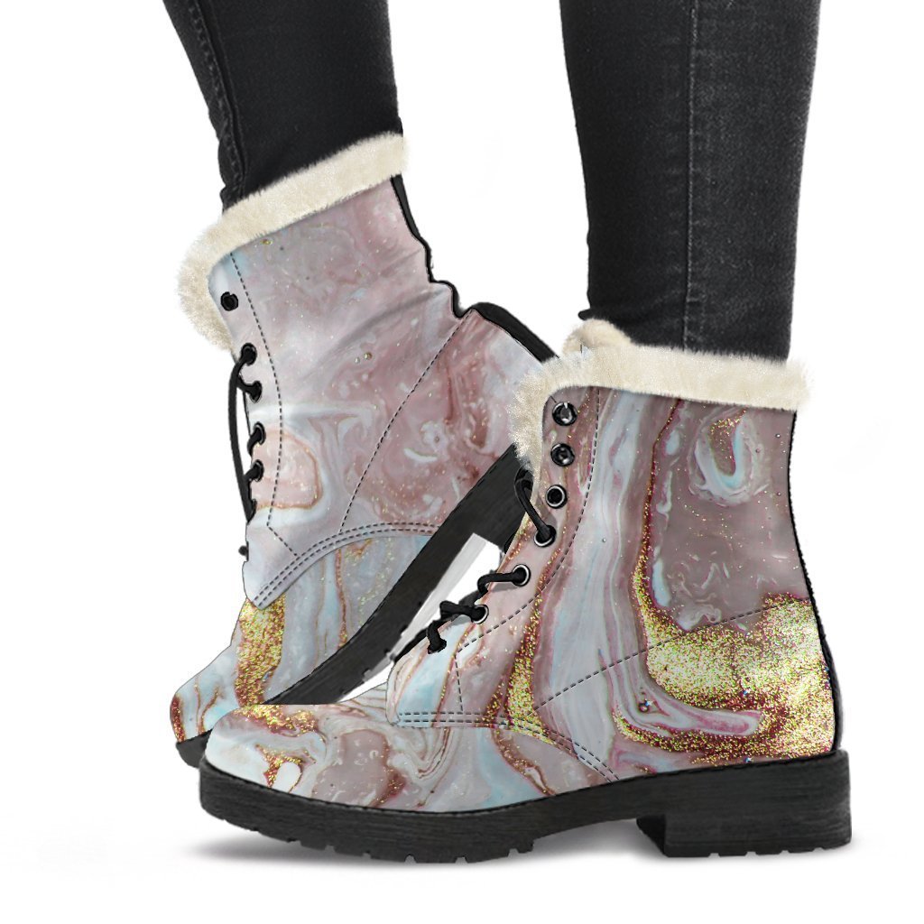 Groovy Pink and Gold Liquid Marble Print Faux Fur Leather Boots for Modern Hippies - 1