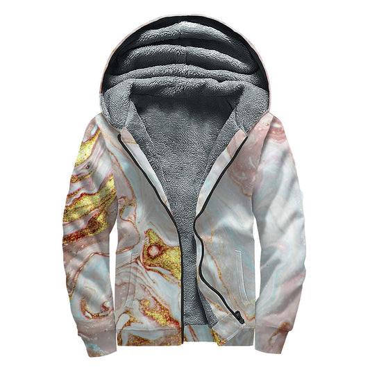 Groovy Pink and Gold Liquid Marble Print Sherpa Lined Zip Up Hoodie - 1