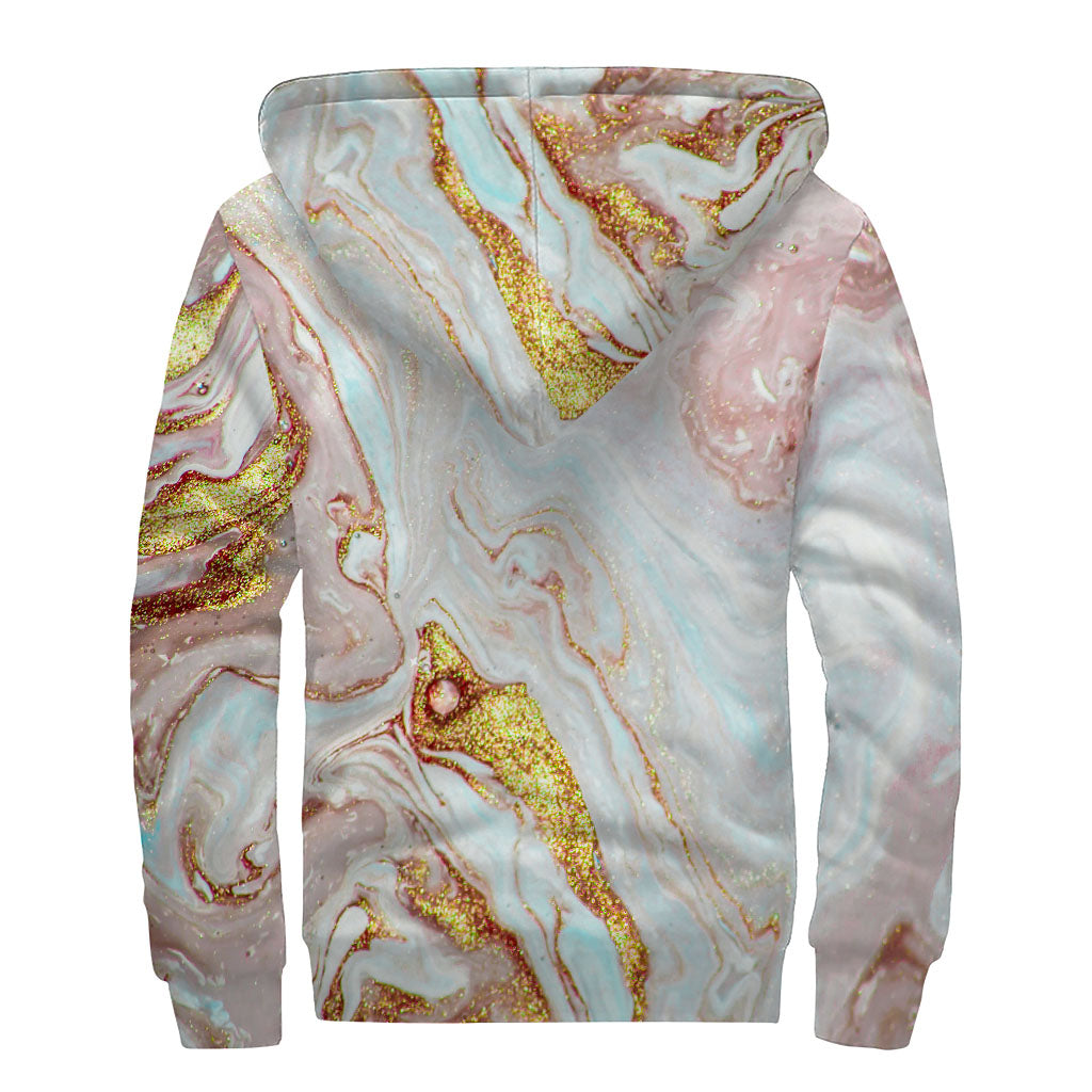 Groovy Pink and Gold Liquid Marble Print Sherpa Lined Zip Up Hoodie - 2