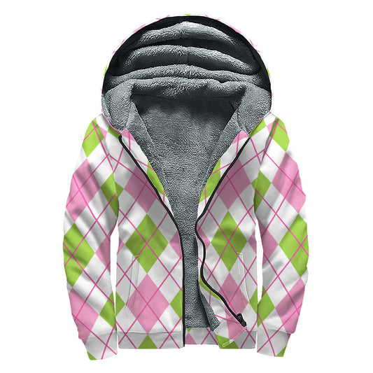 Pink, Green, and White Argyle Print Sherpa Lined Zip Up Hoodie for Free Spirited Hippies - 1