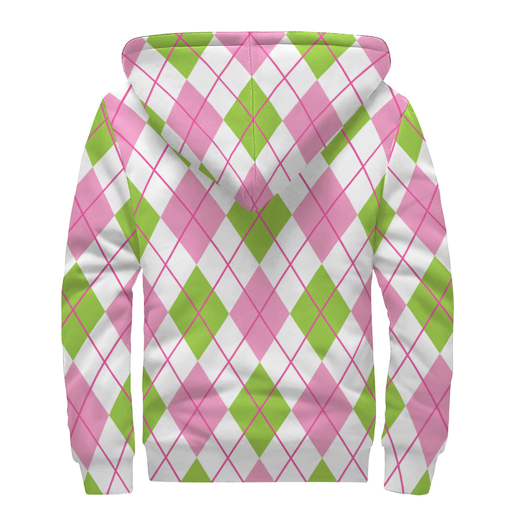 Pink, Green, and White Argyle Print Sherpa Lined Zip Up Hoodie for Free Spirited Hippies - 2