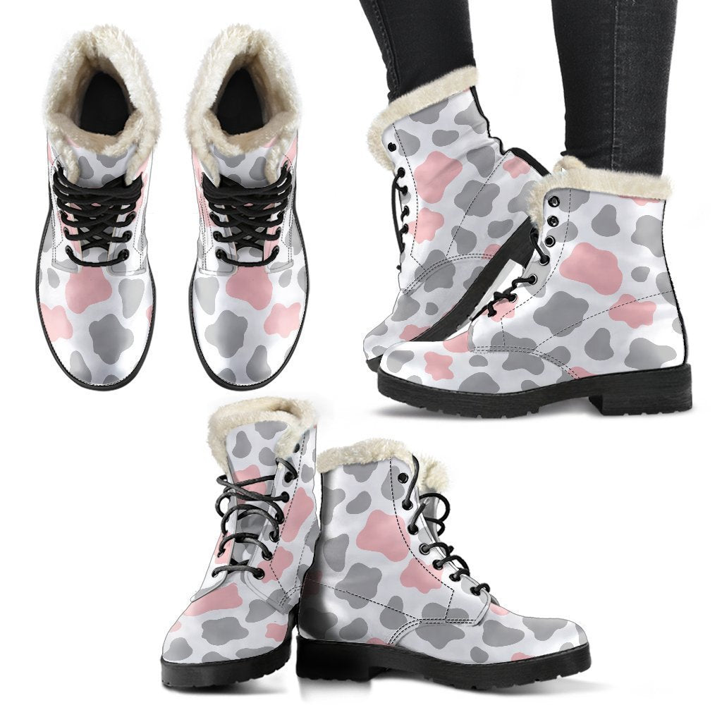 Pink, Grey, and White Cow Print Faux Fur Leather Boots: For the Groovy Hippie in You - 2