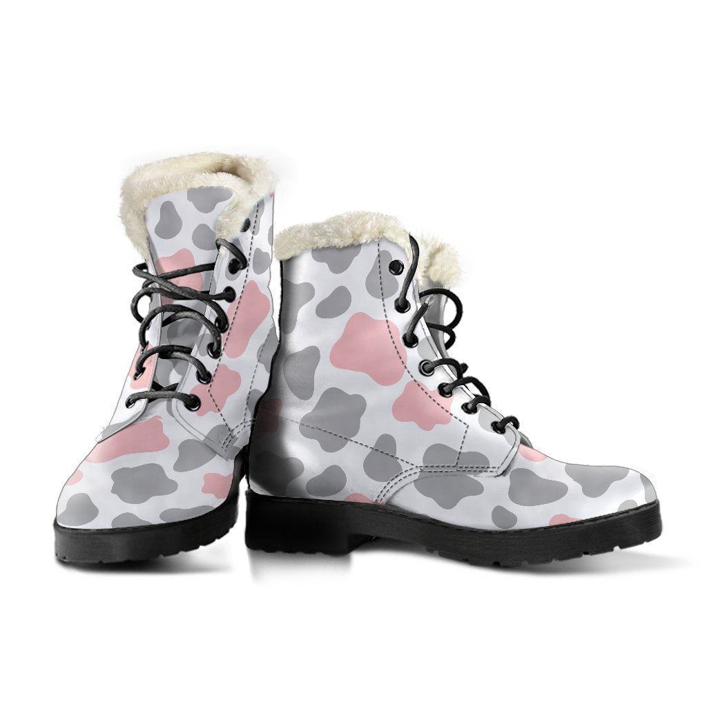 Pink, Grey, and White Cow Print Faux Fur Leather Boots: For the Groovy Hippie in You - 3