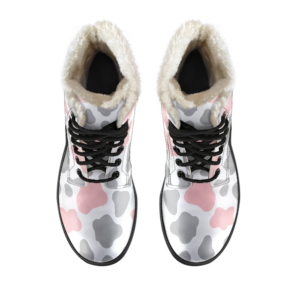 Pink, Grey, and White Cow Print Faux Fur Leather Boots: For the Groovy Hippie in You - 4