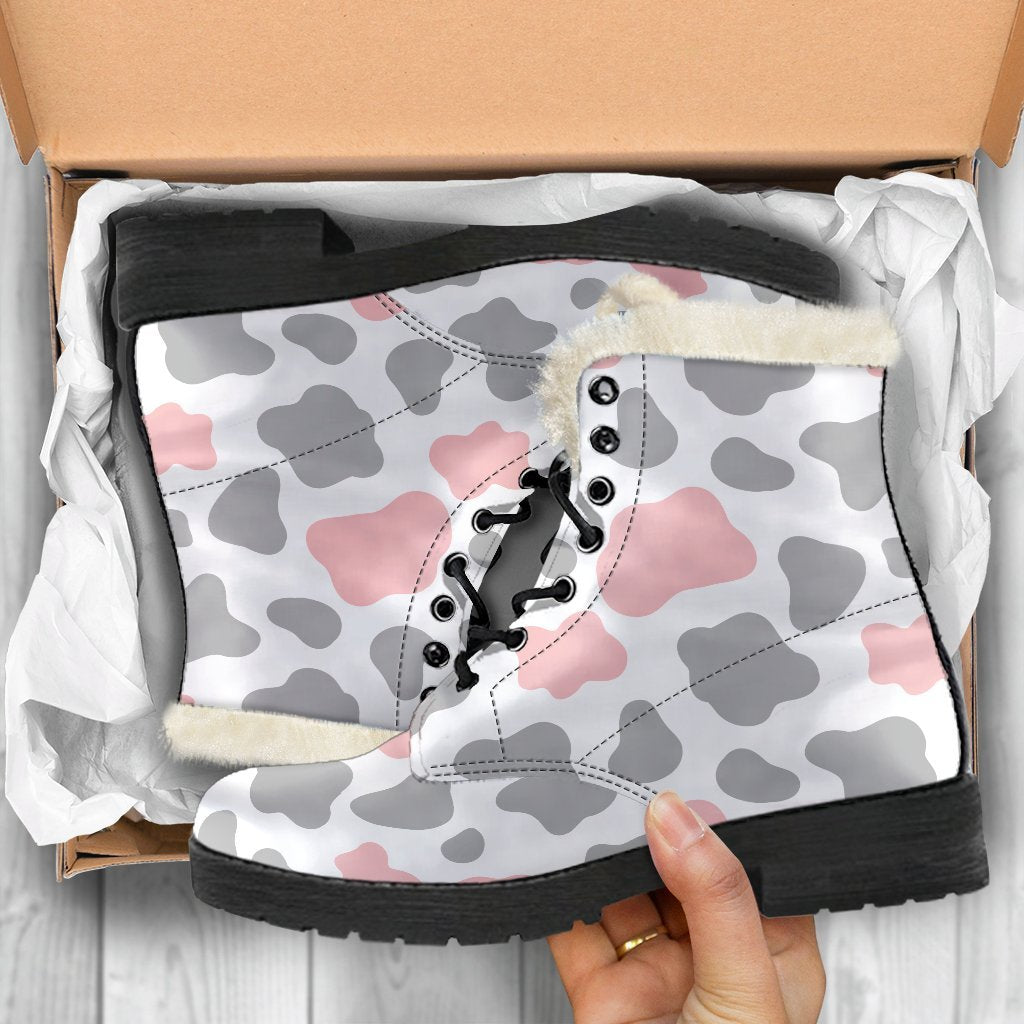 Pink, Grey, and White Cow Print Faux Fur Leather Boots: For the Groovy Hippie in You - 5