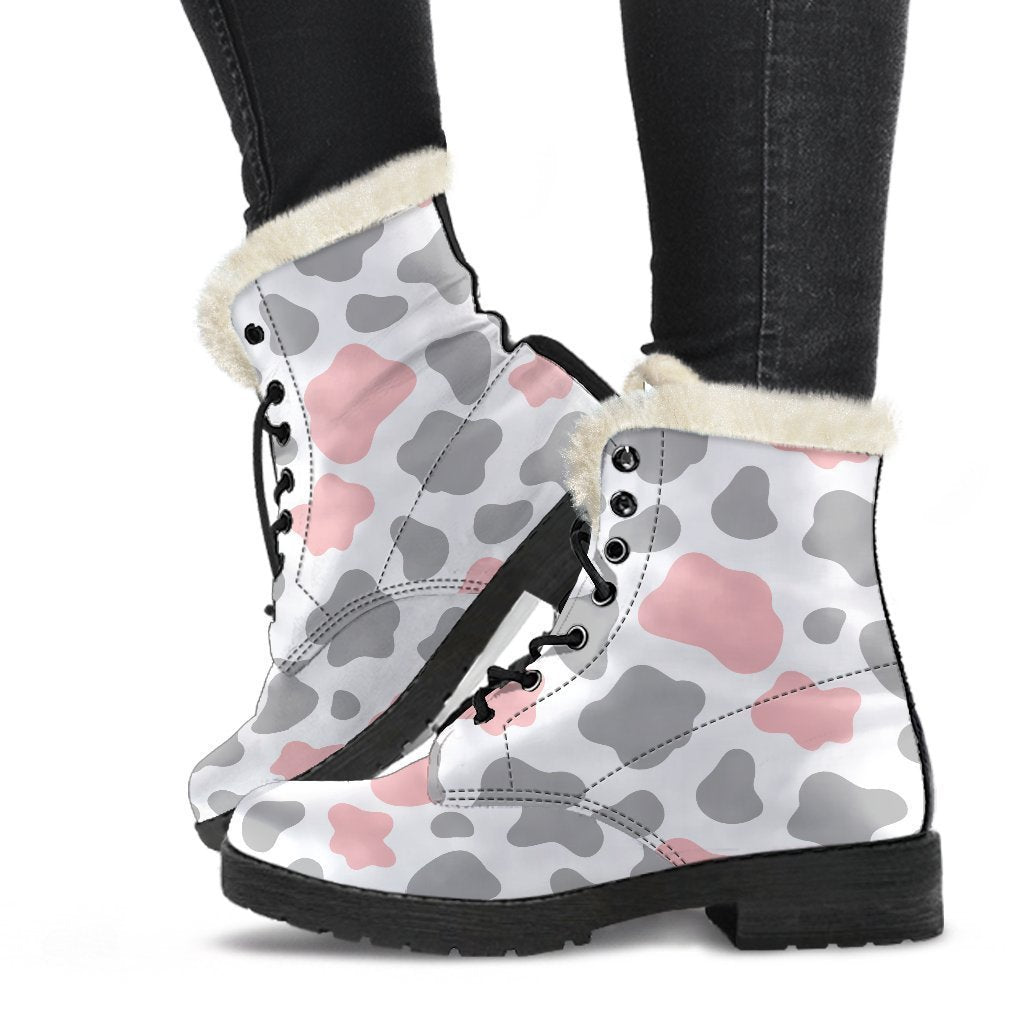 Pink, Grey, and White Cow Print Faux Fur Leather Boots: For the Groovy Hippie in You - 1