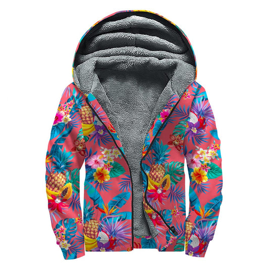 Pink Hawaiian Fruits Pattern Print Sherpa Lined Zip Up Hoodie - Embrace Your Inner Flower Child - 1