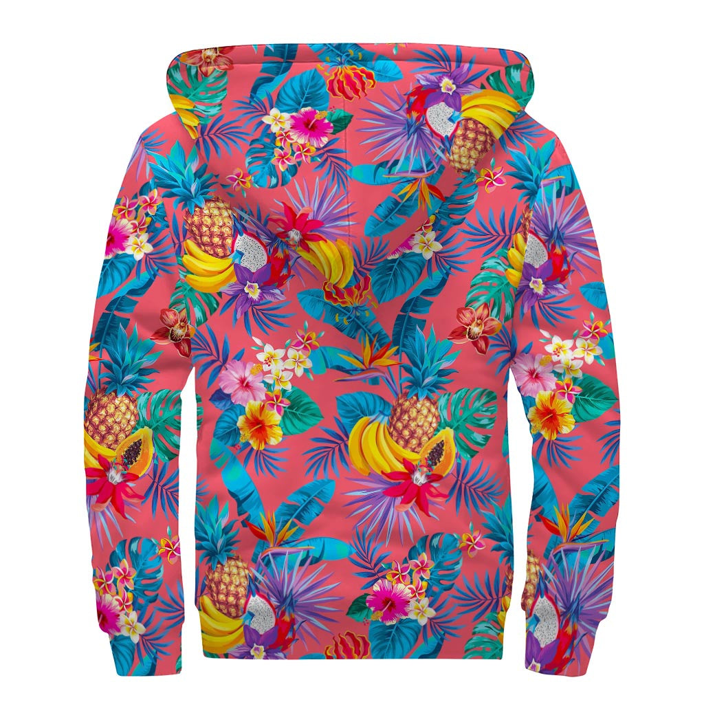 Pink Hawaiian Fruits Pattern Print Sherpa Lined Zip Up Hoodie - Embrace Your Inner Flower Child - 2