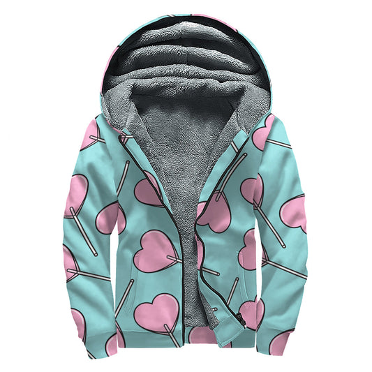 Pink Heart Lollipop Pattern Sherpa Lined Zip Up Hoodie - Embrace Your Inner Hippie - 1