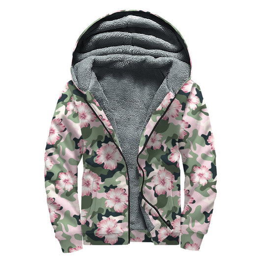 Pink Hibiscus Flower Camouflage Print Sherpa Lined Zip Up Hoodie - Embrace Your Boho Vibes! - 1