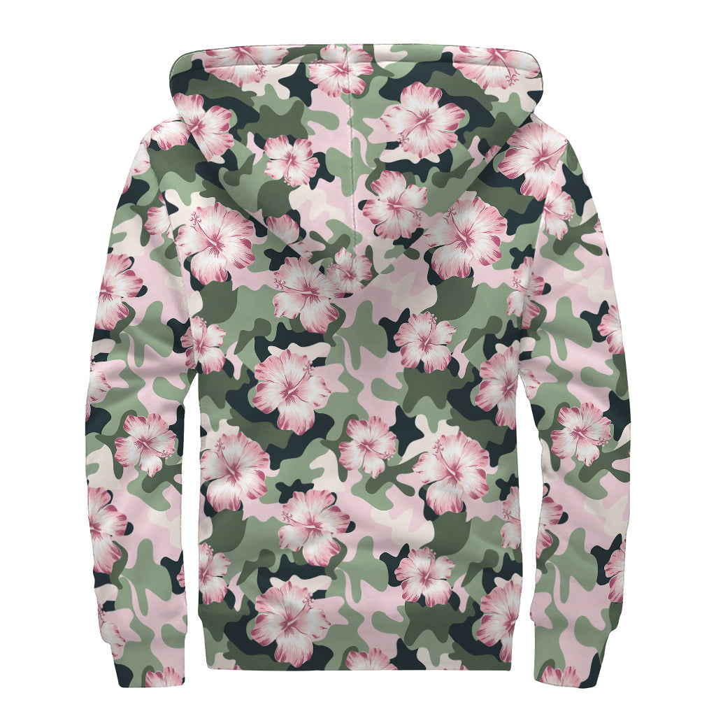 Pink Hibiscus Flower Camouflage Print Sherpa Lined Zip Up Hoodie - Embrace Your Boho Vibes! - 2